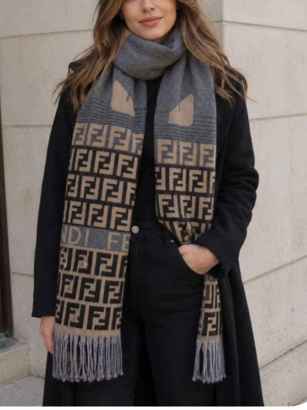 Designer Style Monogram Fringe Scarf in Cashmere and Silk